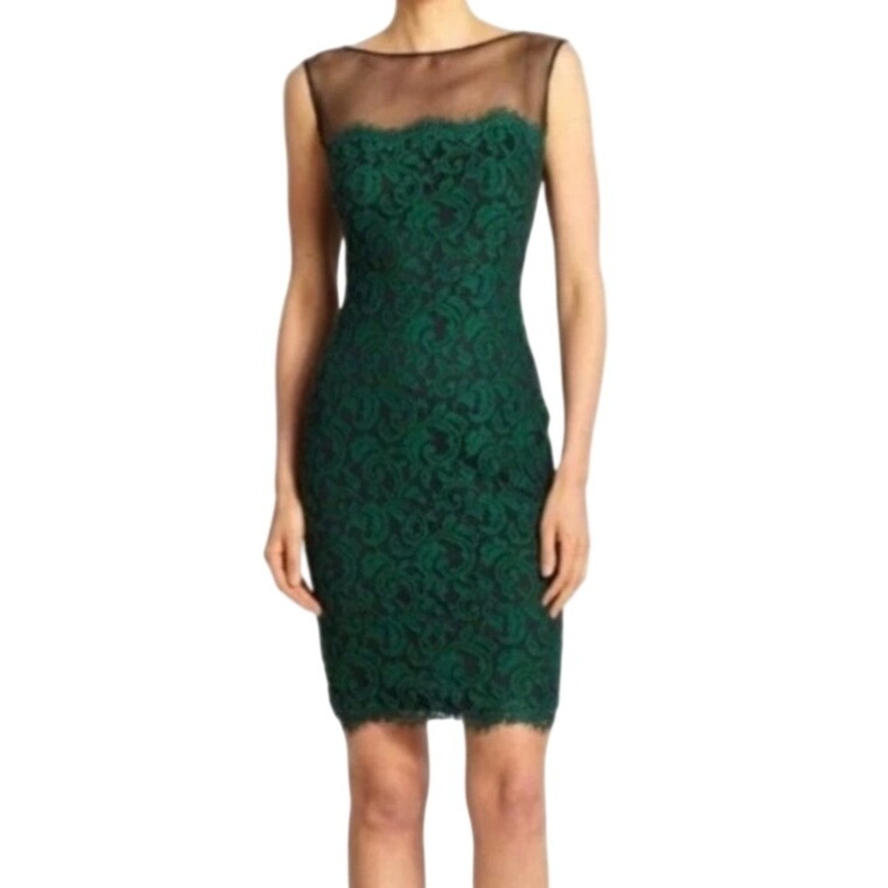 Tadashi Shoji Emerald Green Lace Mesh Boatneck Sheath Cocktail Dress Size 10